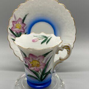 Sealy China Blue White Hand Painted Pink Flower Demitasse Cup N Saucer w/ Stand